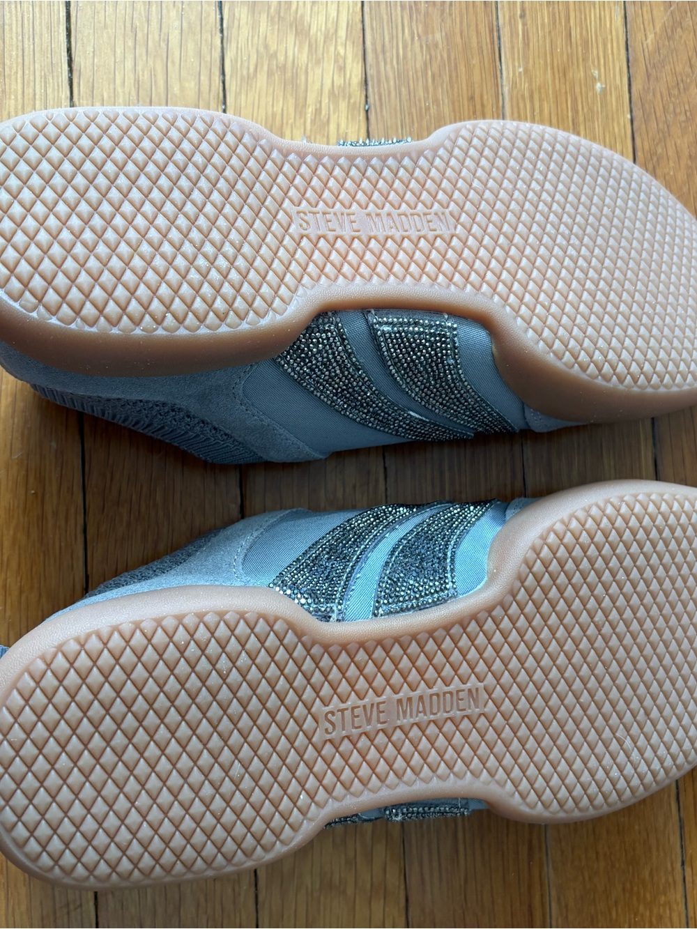 Steve Madden Silver Slip-On Sneakers with Gum Soles and Rhinestone Stripes